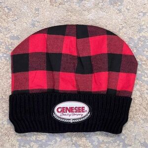 Genesee Beer Buffalo Plaid Flannel Beanie Cap.  Fuzzy Faux Fur Lining. NWOT